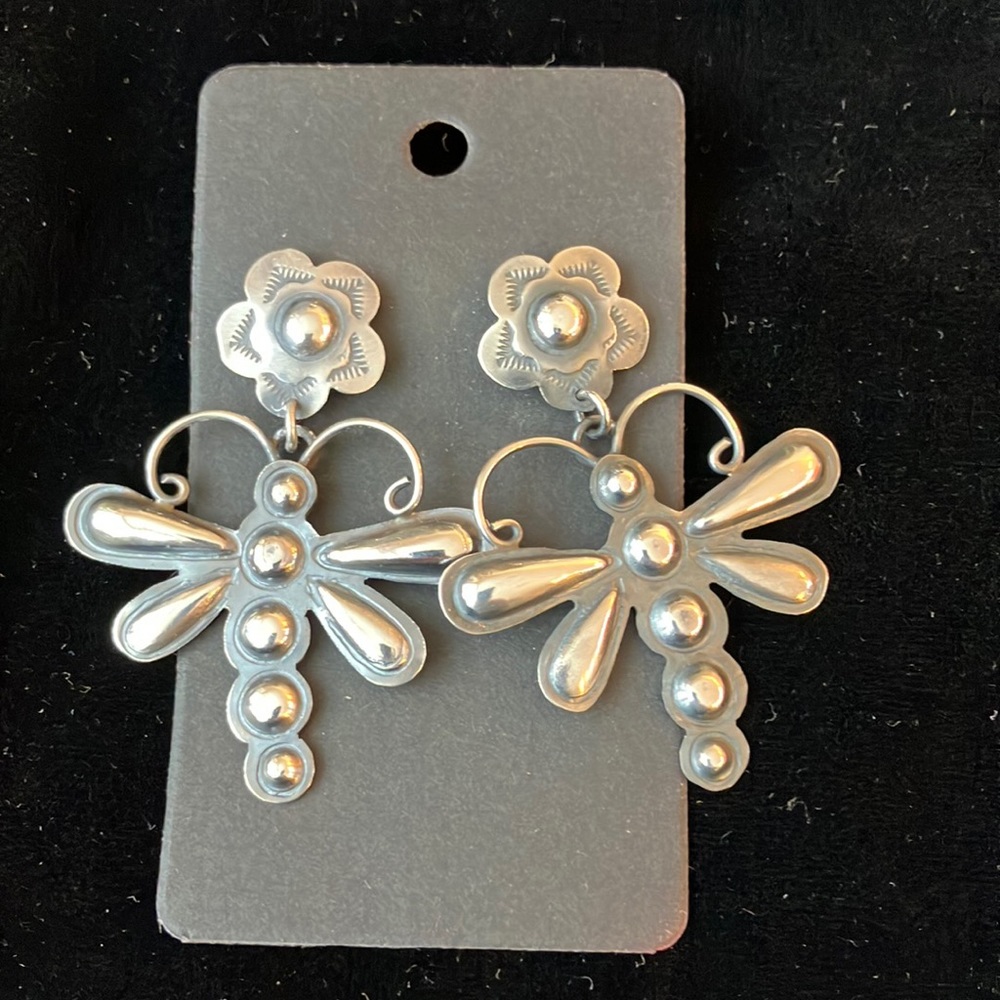 Navajo sterling silver butterfly drop earrings inspired by old style silver work